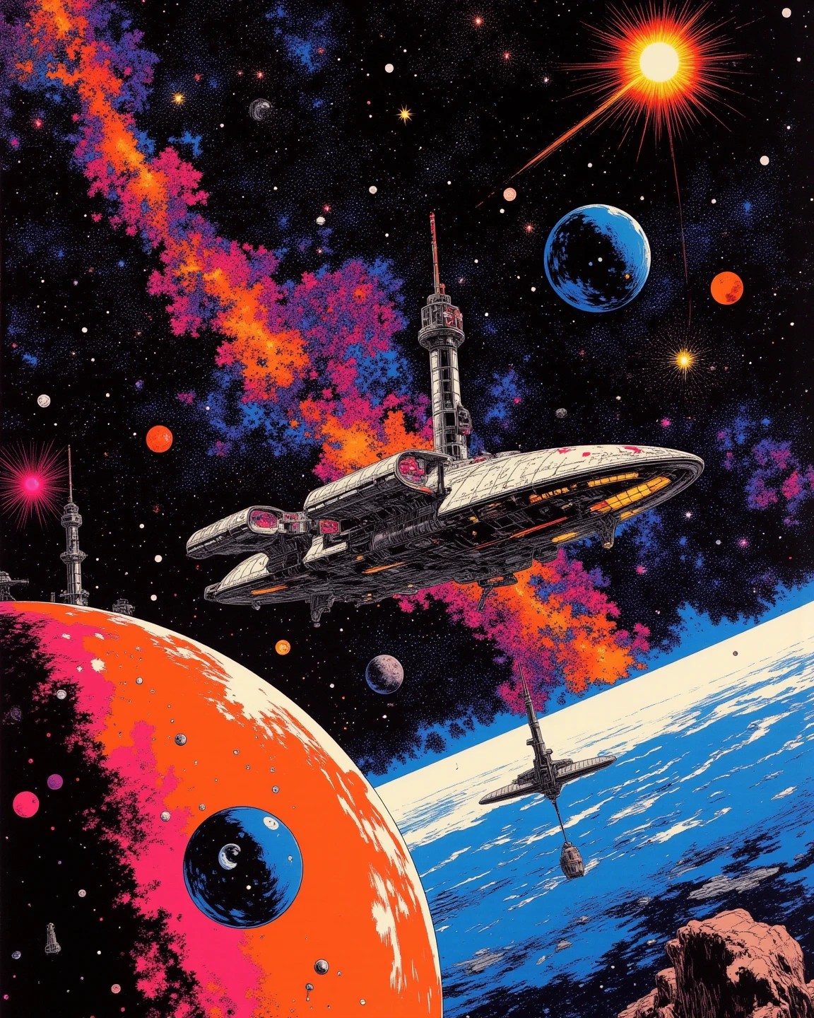 Space colony flying over a planet with universe in the background, 1980s retro sci - fi art, Fascinating colorful universe, Shining shooting star, 
in style by Josan Gonzales, Iridescent Ink Flow In universe, by Peter Elson, in peter elson color scheme, roger dean art, in style by tim white art.  
Comic book style, ff-fbs