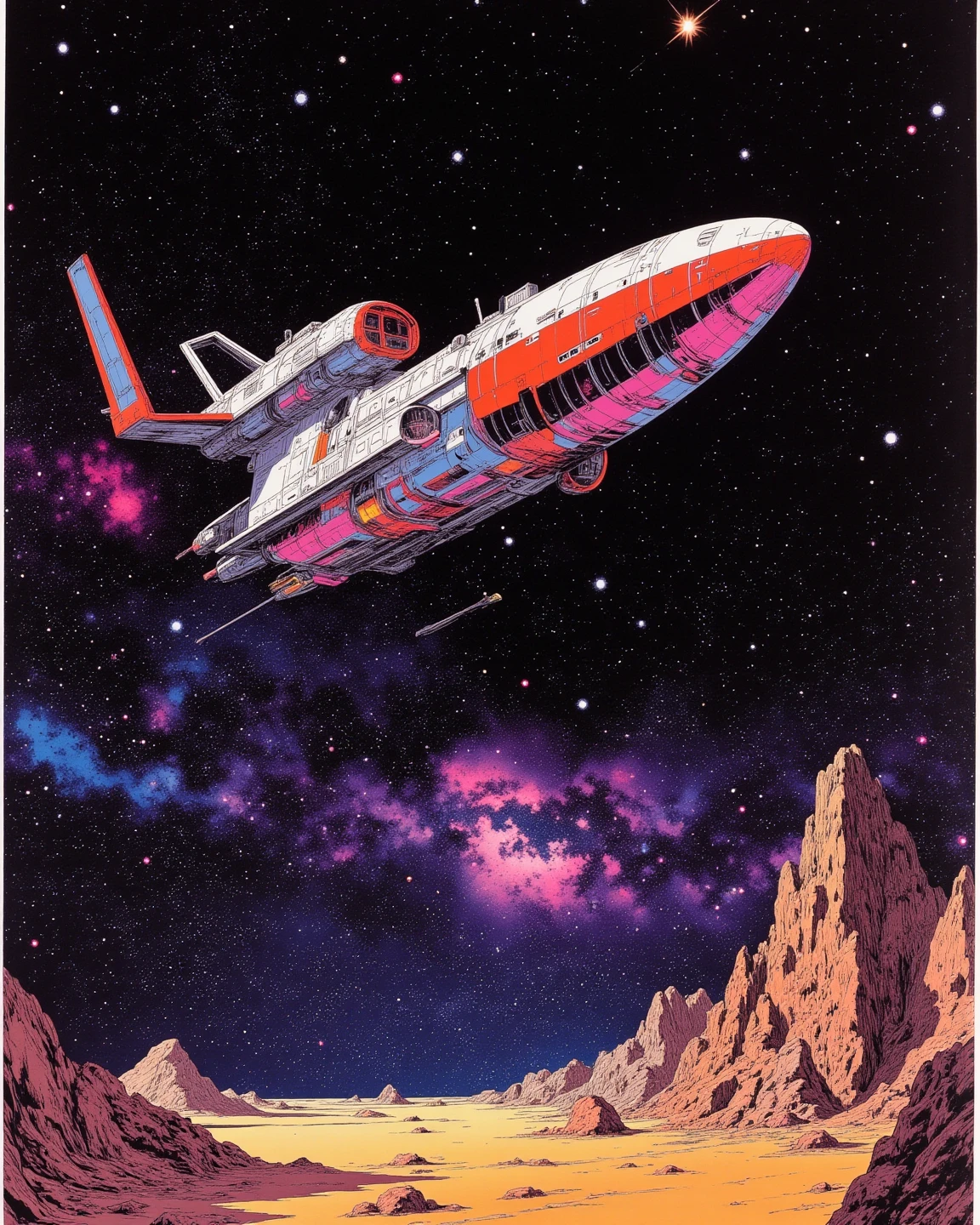 Space colony flying over a planet with universe in the background, 1980s retro sci - fi art, Fascinating colorful universe, Shining shooting star, 
in style by Josan Gonzales, Iridescent Ink Flow In universe, by Peter Elson, in peter elson color scheme, roger dean art, in style by tim white art.  
Comic book style, ff-fbs