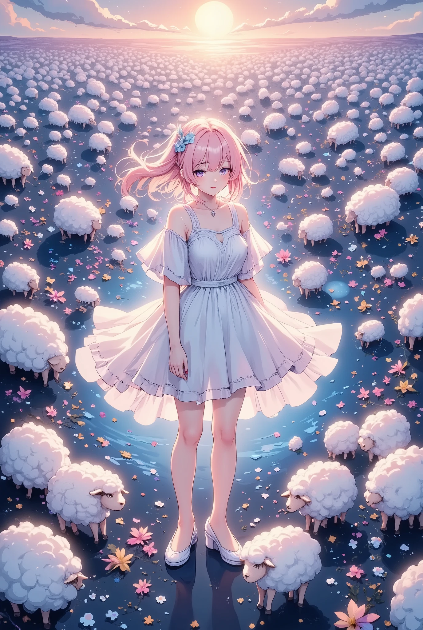 A new style like no other , ( draw with a glowing watercolor brush,  sheep counted in dreams , shepherd girl, Alone, with 50,000 sheep ,  digital mosaic using brilliance), glow line art,  sentence” 50k congratulations”