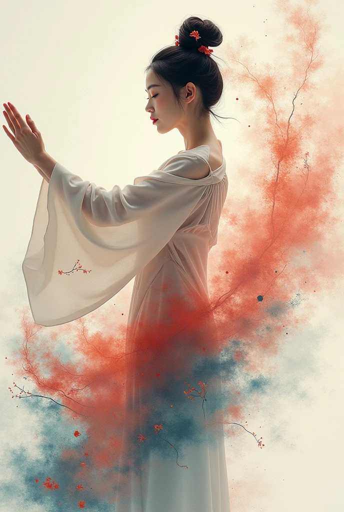 One beautiful Japanese woman who controls her whole body on screen、A fusion of ink painting and vivid watercolor、masterpiece、 best quality、