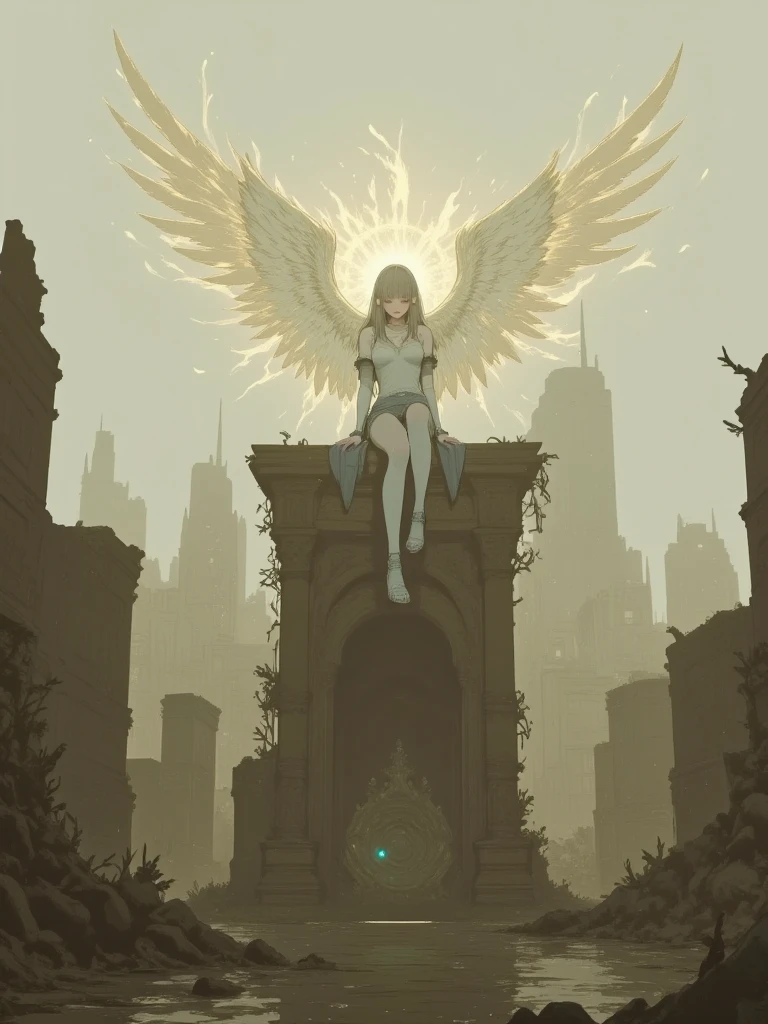 deadly horror, rough stroke anime, Deep within an ancient, crumbling ruin, a colossal altar stands at the heart of a grand, dimly lit chamber. Atop the altar, a majestic winged goddess is revealed, her figure radiant and awe-inspiring. Her wings, vast and shimmering with intricate feather details, glow softly with hues of gold and white. A cascade of golden light pours down like a waterfall from a mysterious opening above, bathing the goddess and the surrounding area in a divine, otherworldly glow. The chamber is adorned with ancient carvings, overgrown vines, and faint traces of mystical energy radiating from the walls. The scene is both breathtaking and sacred, evoking a profound sense of wonder and reverence
