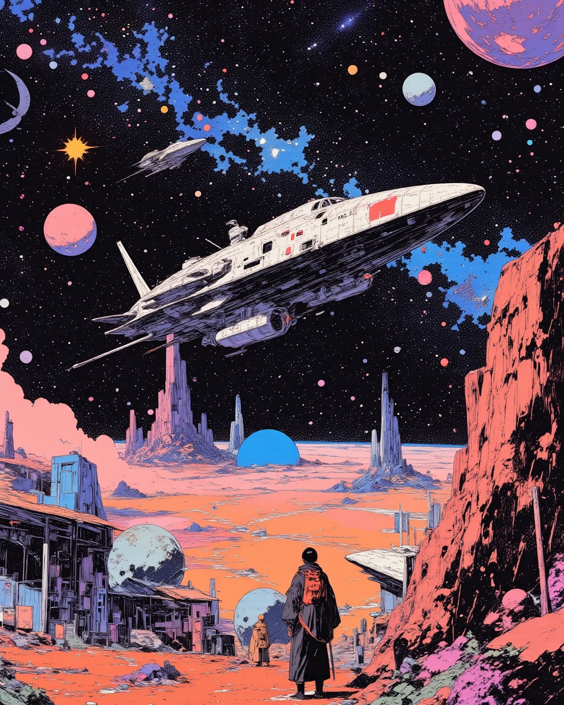 Space colony flying over a planet with universe in the background, sci - fi art, Fascinating colorful universe, Shining shooting star, 
in style by Josan Gonzales, Iridescent Ink Flow In universe, by Peter Elson, in peter elson color scheme, roger dean art, in style by tim white art.  
Comic book style, ff-fbs