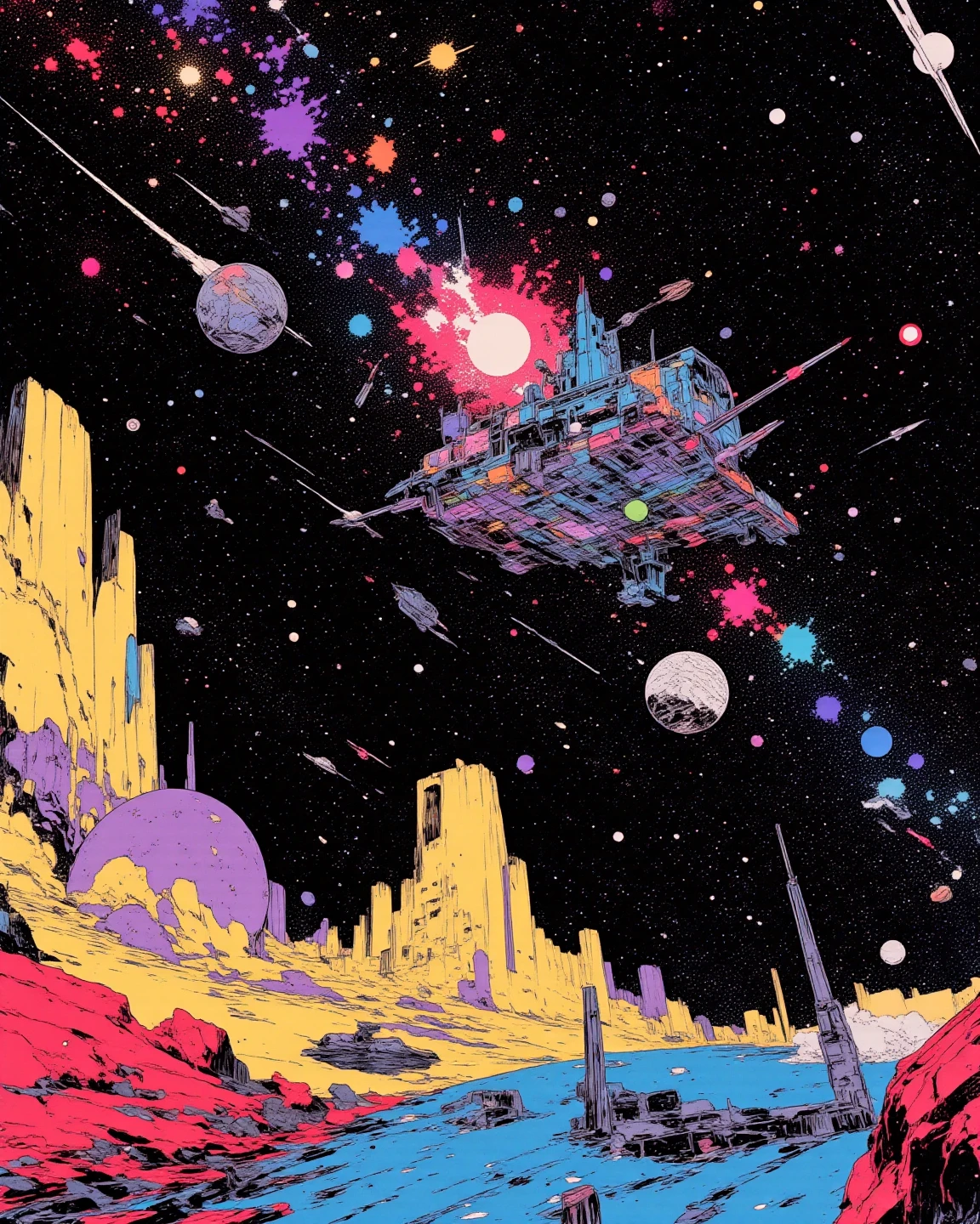 Space colony flying over a planet with universe in the background, sci - fi art, Fascinating colorful universe, Shining shooting star, 
in style by Josan Gonzales, Iridescent Ink Flow In universe, by Peter Elson, in peter elson color scheme, roger dean art, in style by tim white art.  
Comic book style, ff-fbs