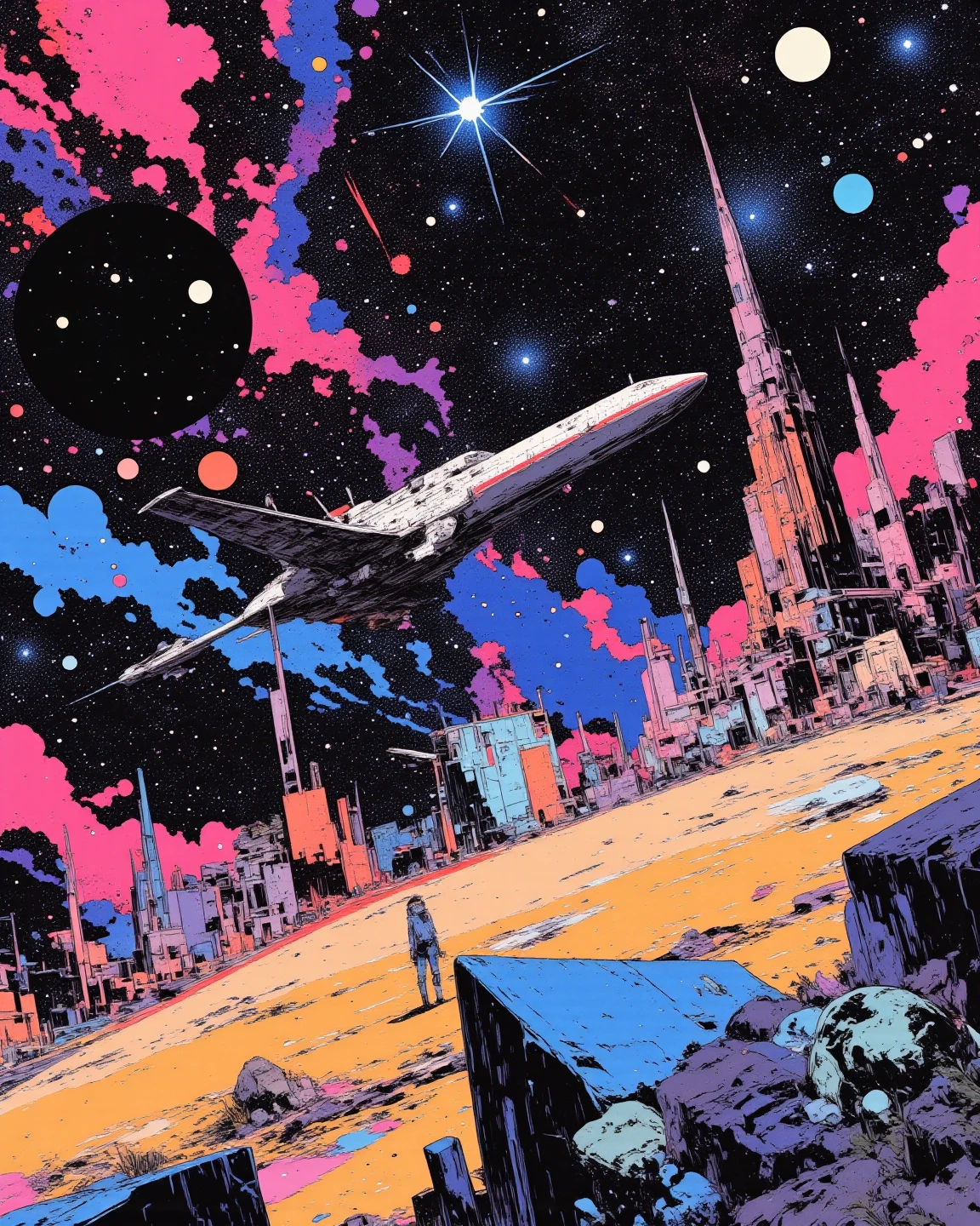 Space colony flying over a planet with universe in the background, sci - fi art, Fascinating colorful universe, Shining shooting star, 
in style by Josan Gonzales, Iridescent Ink Flow In universe, by Peter Elson, in peter elson color scheme, roger dean art, in style by tim white art.  
Comic book style, ff-fbs