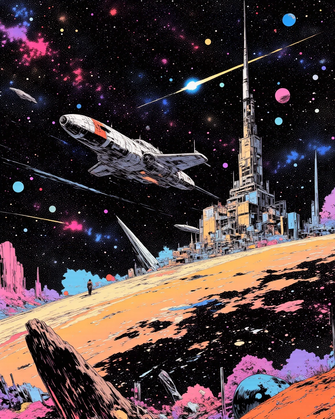 Space colony flying over a planet with universe in the background, sci - fi art, Fascinating colorful universe, Shining shooting star, 
in style by Josan Gonzales, Iridescent Ink Flow In universe, by Peter Elson, in peter elson color scheme, roger dean art, in style by tim white art.  
Comic book style, ff-fbs