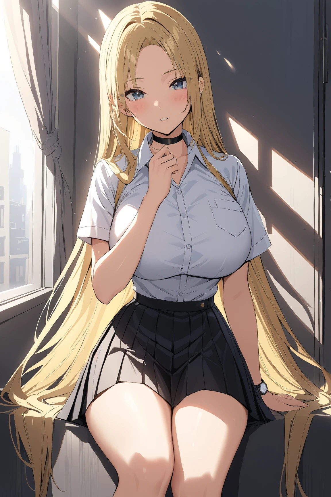  very detailedな繊細な触感,  natural light, sunlight, light, Spotted Light, reflection,  Shadow,  ray tracing, Masterpiece,  top quality,  very detailed,
 we,  One Girl , Blue-gray eyes ,   touch very long hair , Blonde,  Big Breasts,  Watch Viewers , ( The uniform looks good  , black pleated skirt,  Black Choker)