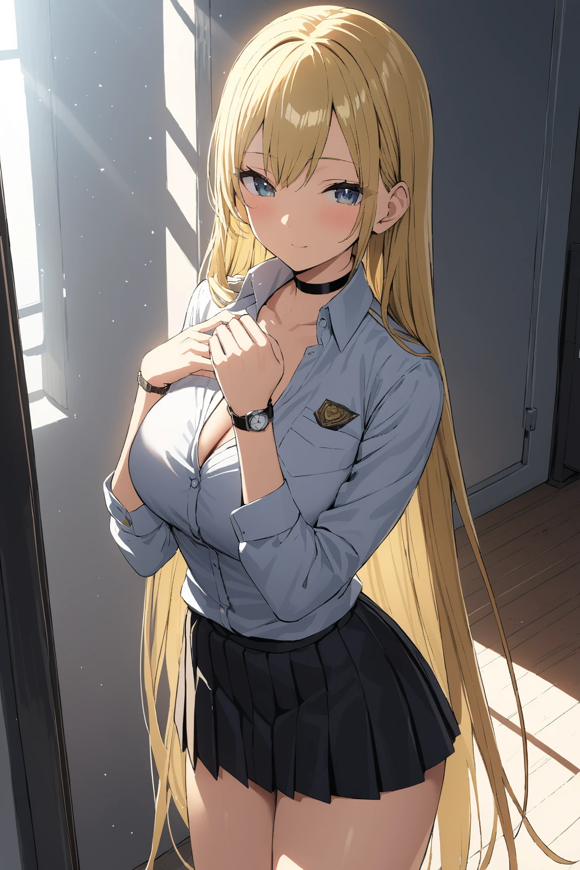  very detailedな繊細な触感,  natural light, sunlight, light, Spotted Light, reflection,  Shadow,  ray tracing, Masterpiece,  top quality,  very detailed,
 we,  One Girl , Blue-gray eyes ,   touch very long hair , Blonde,  Big Breasts,  Watch Viewers , ( The uniform looks good  , black pleated skirt,  Black Choker)