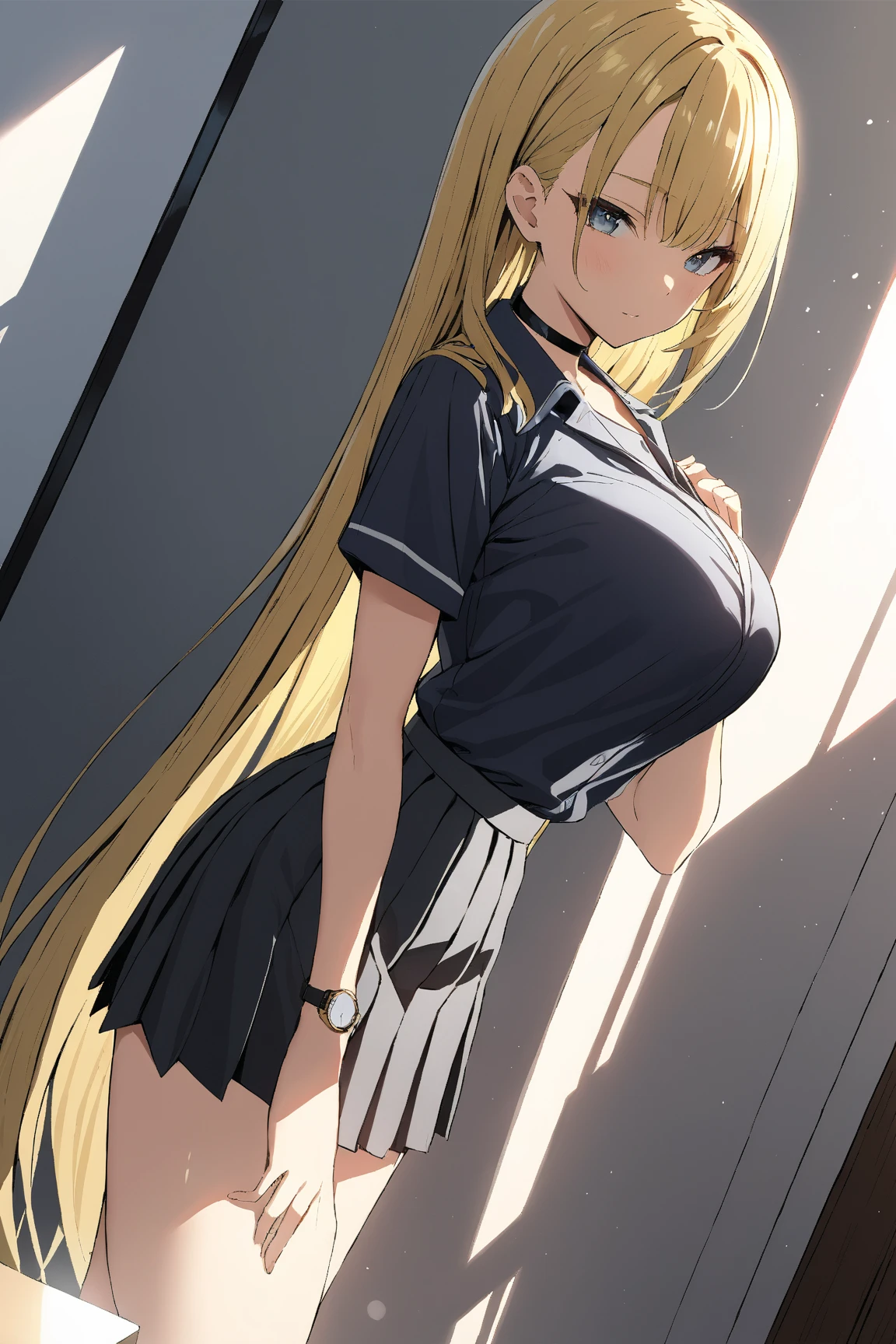  very detailedな繊細な触感,  natural light, sunlight, light, Spotted Light, reflection,  Shadow,  ray tracing, Masterpiece,  top quality,  very detailed,
 we,  One Girl , Blue-gray eyes ,   touch very long hair , Blonde,  Big Breasts,  Watch Viewers , ( The uniform looks good  , black pleated skirt,  Black Choker)