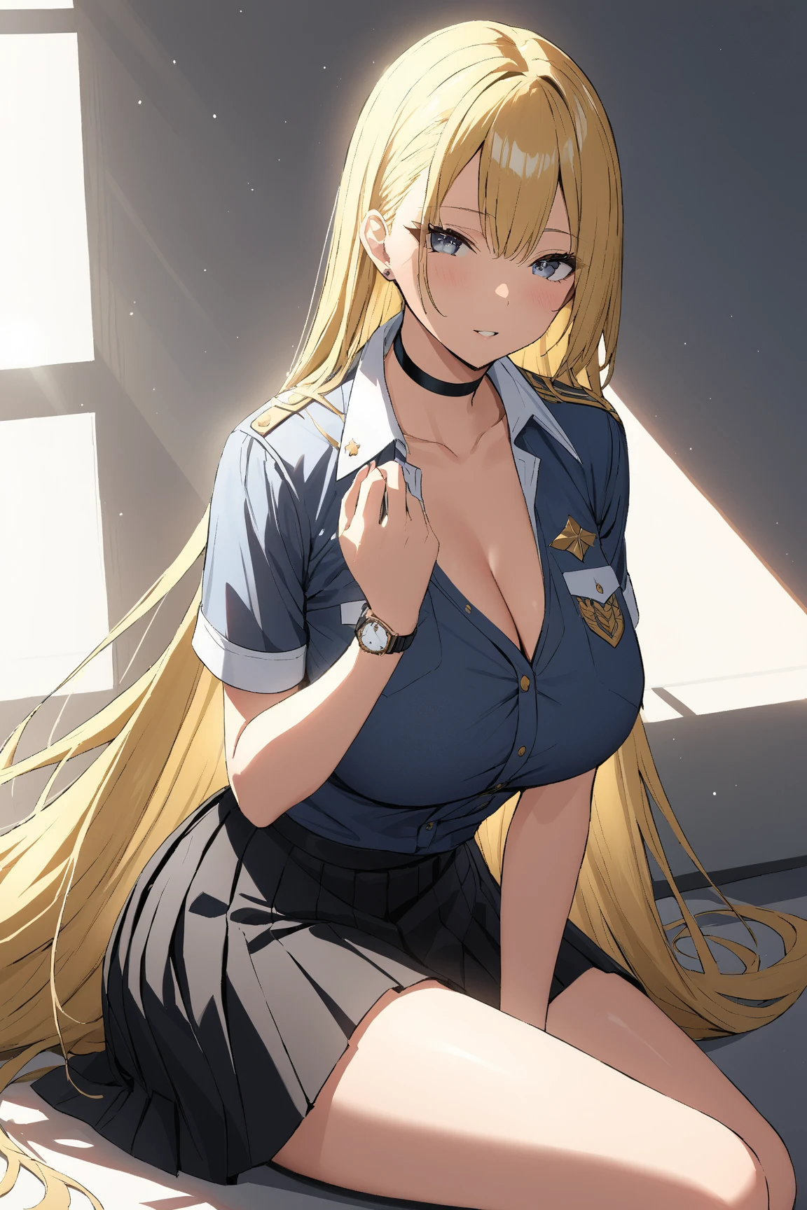  very detailedな繊細な触感,  natural light, sunlight, light, Spotted Light, reflection,  Shadow,  ray tracing, Masterpiece,  top quality,  very detailed,
 we,  One Girl , Blue-gray eyes ,   touch very long hair , Blonde,  Big Breasts,  Watch Viewers , ( The uniform looks good  , black pleated skirt,  Black Choker)