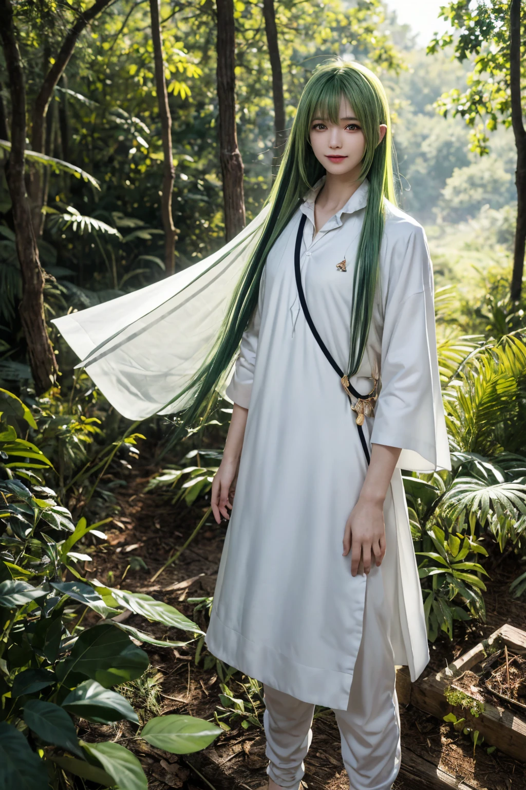 masterpiece,  top quality, Enkidu, White,  upper body,  gentle smile , standing,  Watch Viewers , forest ,one piece of cloth, green hair, forward hands