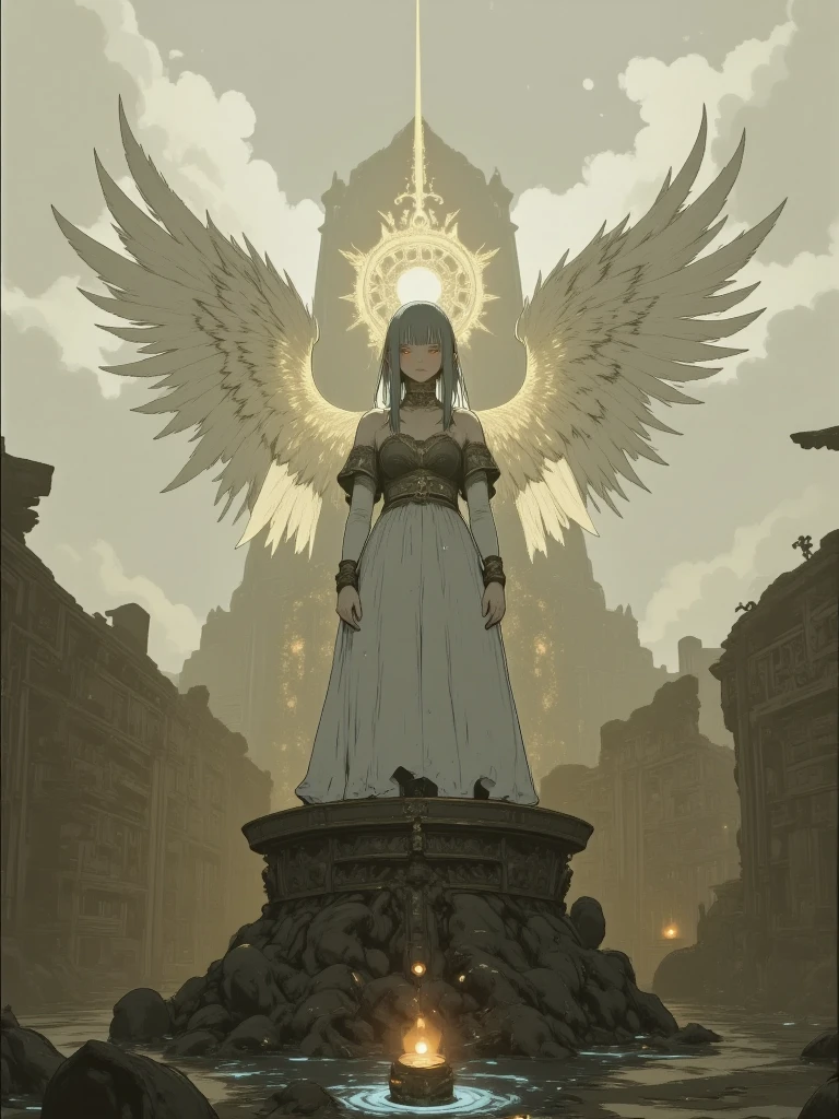 deadly horror, rough stroke anime, Deep within an ancient, crumbling ruin, a colossal altar stands at the heart of a grand, dimly lit chamber. Atop the altar, a majestic winged goddess is revealed, her figure radiant and awe-inspiring. Her wings, vast and shimmering with intricate feather details, glow softly with hues of gold and white. A cascade of golden light pours down like a waterfall from a mysterious opening above, bathing the goddess and the surrounding area in a divine, otherworldly glow. The chamber is adorned with ancient carvings, overgrown vines, and faint traces of mystical energy radiating from the walls. The scene is both breathtaking and sacred, evoking a profound sense of wonder and reverence
