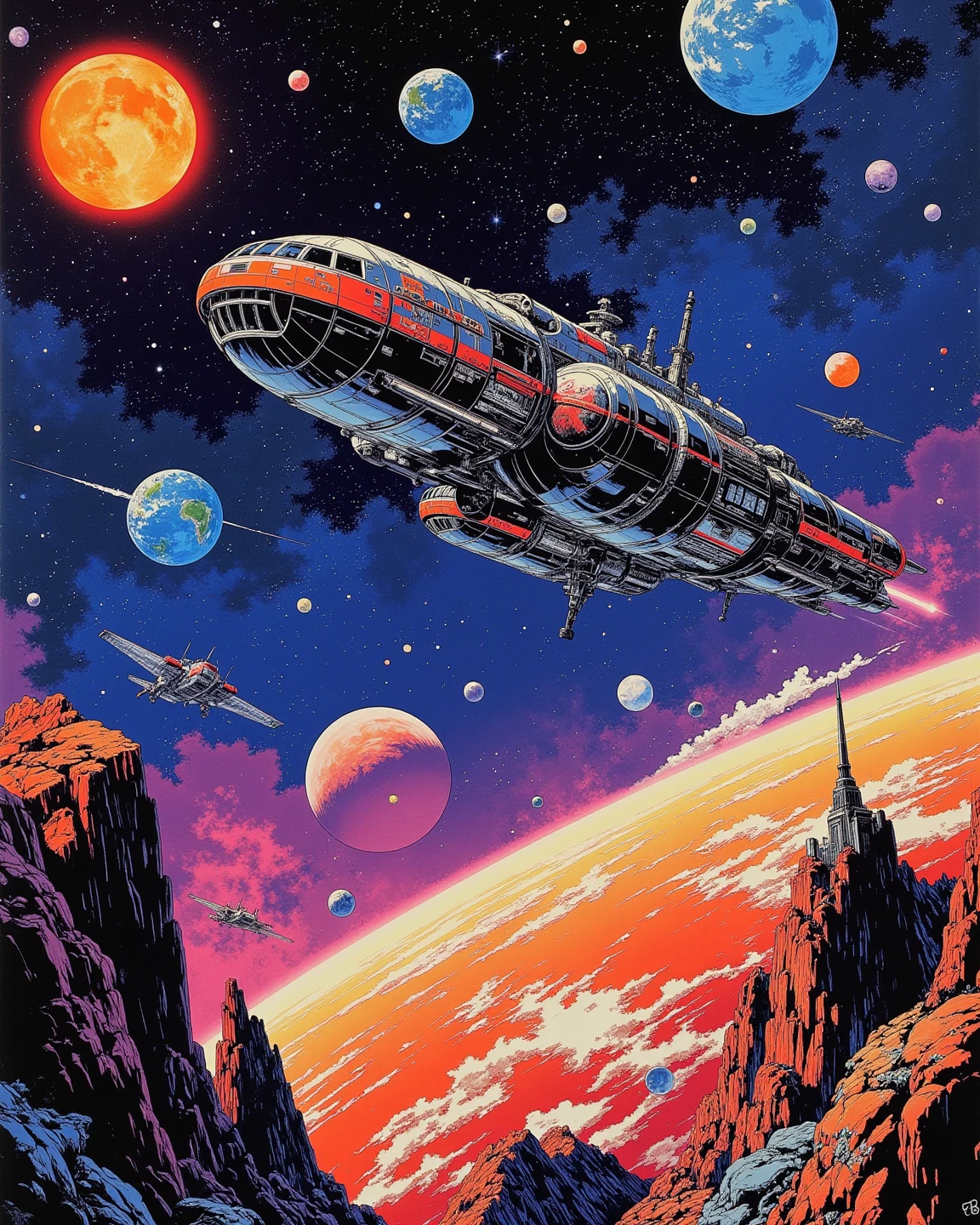 Space colony flying over a planet with universe in the background, sci - fi art, Fascinating colorful universe, Shining shooting star, 
in style by Josan Gonzales, Iridescent Ink Flow In universe, by Peter Elson, in peter elson color scheme, roger dean art, in style by tim white art.  
Comic book style, ff-fbs