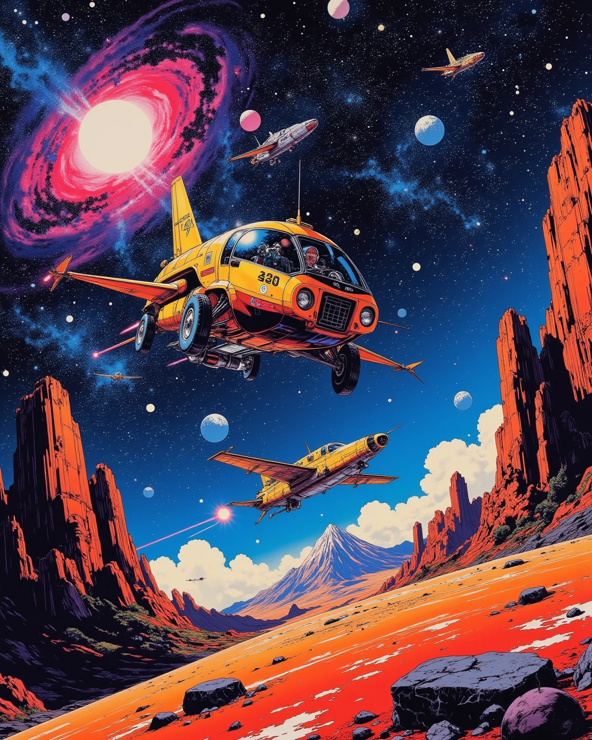 Space colony flying over a planet with universe in the background, sci - fi art, Fascinating colorful universe, Shining shooting star, 
in style by Josan Gonzales, Iridescent Ink Flow In universe, by Peter Elson, in peter elson color scheme, roger dean art, in style by tim white art.  
Comic book style, ff-fbs