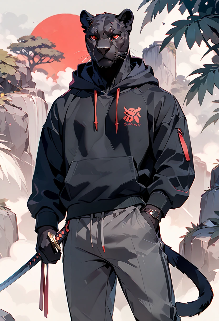 handsome anthropomorphic black panther with a black pelt wearing a casual black hoodie and grey sweatpants,, red eyes, arrogant, furry art, light novel art, detailed anime style, masculine, casual, cool, intimidating, smirking, sexy, katana