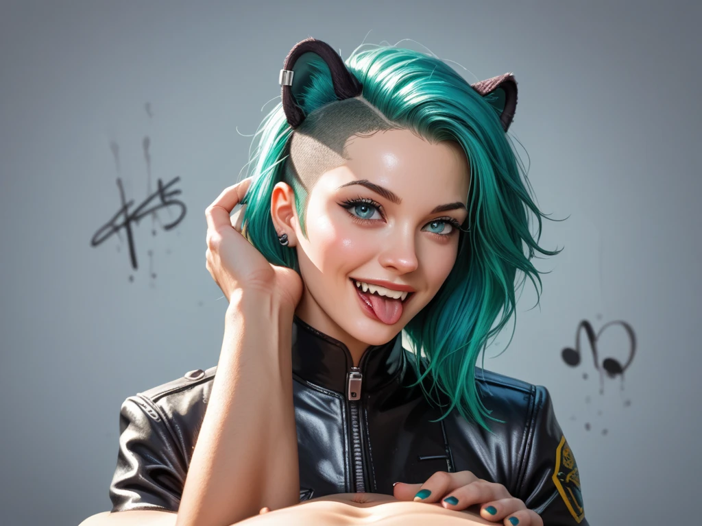 A human with a pretty human face, kitten ears, fangs, a tentacle for a tongue, bioluminescent skin, tiger stripes on her arms. She's wearing a sleveless black nylon jumpsuit and has a black leather jacket tied by the sleeves around her waist. She is barefoot with clawed toes. She leans on a grimy, graffiti-marked corner wall in a cyberpunk city and grins at the POV, clearly exulting in the attention she is attracting. Pulp science fiction style, watercolor, raypunk, cyberpunk, by Norman Saunders, by Chris Foss , (clear lines:1), by Simon Stålenhag, by Virgil Finlay, by H.R. Geiger, face restoration. (simple background :1.5) crisp vibrant detailed soft painterly digital art, volumetric lighting, natural lighting, realistic lighting, vibrant colors, crisp oil painting, painterly realism, depth of field, subtle soft details, vivid, fresh, striking, by darkgem, by anhes, by dagasi, by atey ghailan, by MilletGustave, by Curbet, by Charlie Bowater, lol art. vintage pulp art, by Earle K. Bergey, by Kelly Freas, by Alex Schomburg, by H. J. Ward, glossy pulp art, Amazing Stories, Weird Tales, 8k, high resolution, best quality