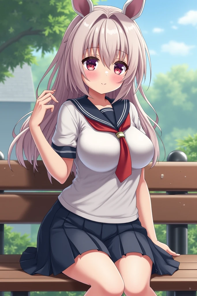 A dressed as a schoolgirl with big and a big sitting on a bench