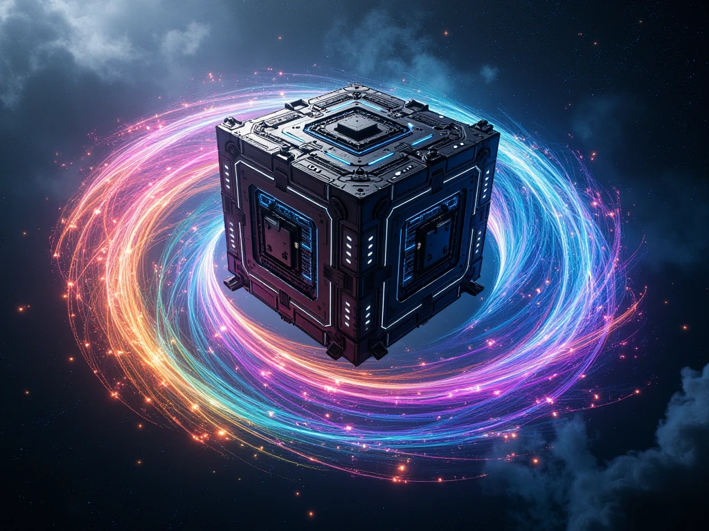 A futuristic space colony shaped like a massive equilateral cube, floating in the depths of space. The cube's surface is covered in high-tech structures, glowing lights, and intricate details indicating advanced technology. Surrounding the cube is a mesmerizing rainbow-colored vortex of swirling energy, acting as a protective barrier. The vortex emits vibrant, dynamic waves of light and energy that contrast beautifully against the dark backdrop of space, dotted with distant stars and nebulae.