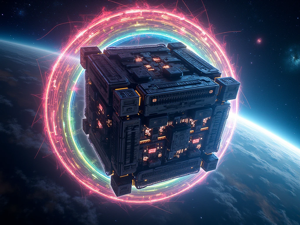 A futuristic space colony shaped like a massive equilateral cube, floating in the depths of space. The cube's surface is covered in high-tech structures, glowing lights, and intricate details indicating advanced technology. Surrounding the cube is a mesmerizing rainbow-colored vortex of swirling energy, acting as a protective barrier. The vortex emits vibrant, dynamic waves of light and energy that contrast beautifully against the dark backdrop of space, dotted with distant stars and nebulae.