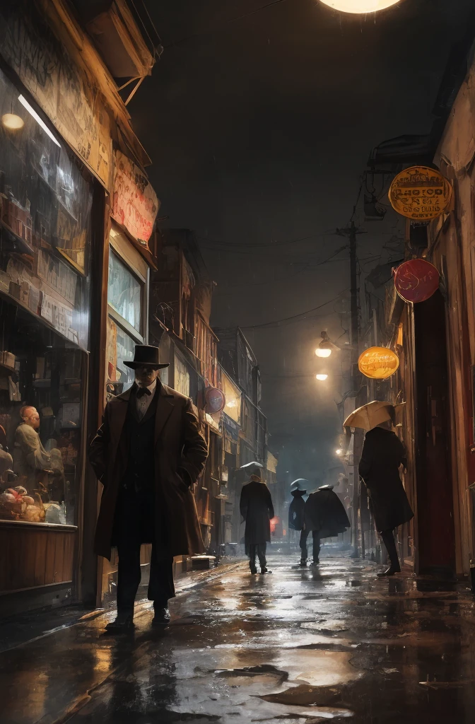 Gustav do painting style, detective clothes（wind coat：1.1）And realistic illustration of hat, Night in the city of Victorian London, epic lighting, cinmatic lighting, A high resolution, （detailled image：1）, insanely details, （highly detailed：1.2）, Mafia in the 1920s, Trench coat and top hat, Realistic oil painting style, Printmaking style, Fog and heavy rain, Rundown town, Street lights, narrow road, Stretch forward, Suffocating, scary style, Suspense style, Detective novel style, mafia style, mysterious, Deep, Dark, fantasy, film grain, chiaroscuro, projected inset, Sony FE GM, American propaganda poster, Carl Larsson, award winning, best quality, high details, textured skin, anatomically correct, ccurate