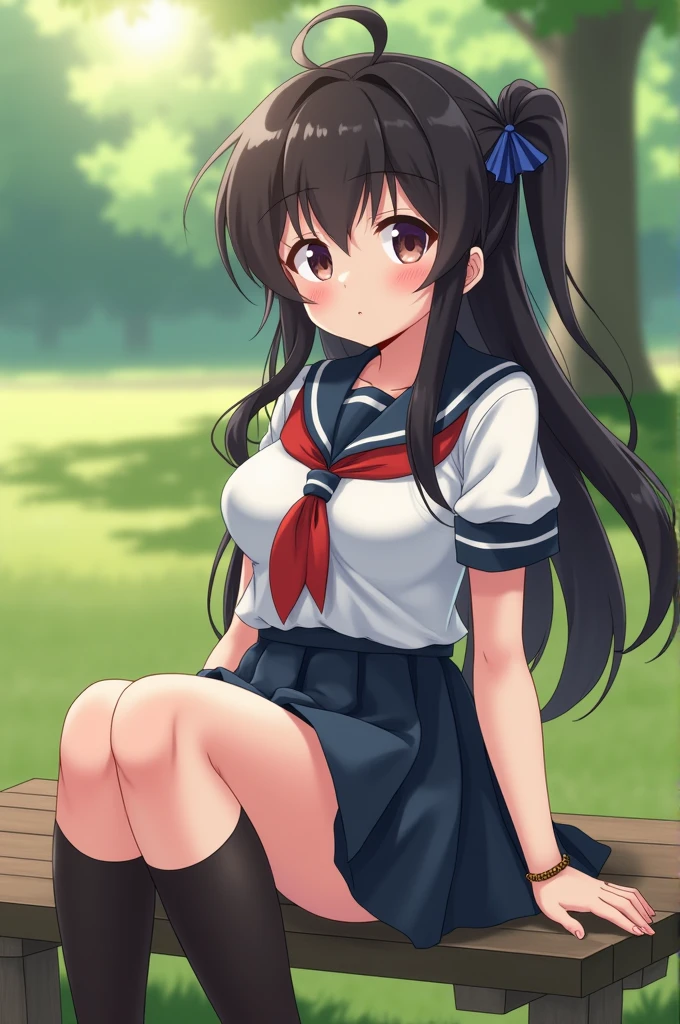 1girl, nakiri erina, kneeling, thighhighs, navy thighhighs, nude, plaid skirt, hands on breasts, outdoors, anime_screencap_erina, cock in mouth