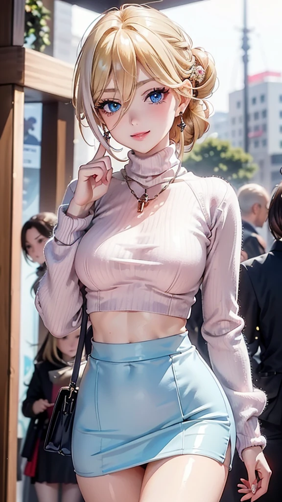 (Masterpiece, Ultra High Definition, Ultra High Quality / 8K Quality), A woman with the most beautiful face and body in history, Anime, Slim body, Tall height, Small face, Very large and full breasts, Thin waist, Big hips, Balanced proportions, Shiny hair, Blonde, (((Updo:1.2))), Beautiful and shining eyes, (Clear blue eyes:1.2), (((Eyes with shining highlights:1.2))), Long eyelashes, Pink lips, ((Precise, beautiful and exquisite hand and finger creation)), (Charming smile), (Winter casual fashion), (Turtleneck sweater), (Long sleeve short jacket), (Tight micro mini skirt, slit skirt), (Elegant appearance), Red rose hair accessory, Elegant design necklace, Big earrings, Bangle, Ring, Beautiful standing posture like a fashion model, Winter shopping mall background
