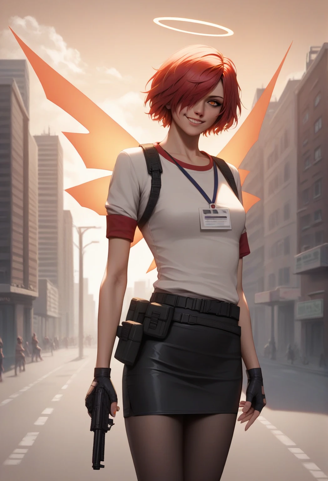 masterpiece, best quality, realistic, solo, 1girl, exidef, detached wings, energy wings, smile, looking at viewer, standing, v, holding gun, submachine gun, kriss vector, short hair, red hair, hair over one eye, halo, orange eyes, white jacket, id card, black belt, belt pouch, short sleeves, raglan sleeves, black gloves, fingerless gloves, black skirt, miniskirt, black pantyhose, outdoors, orange sky, cloud, city, street, building, wind lift
