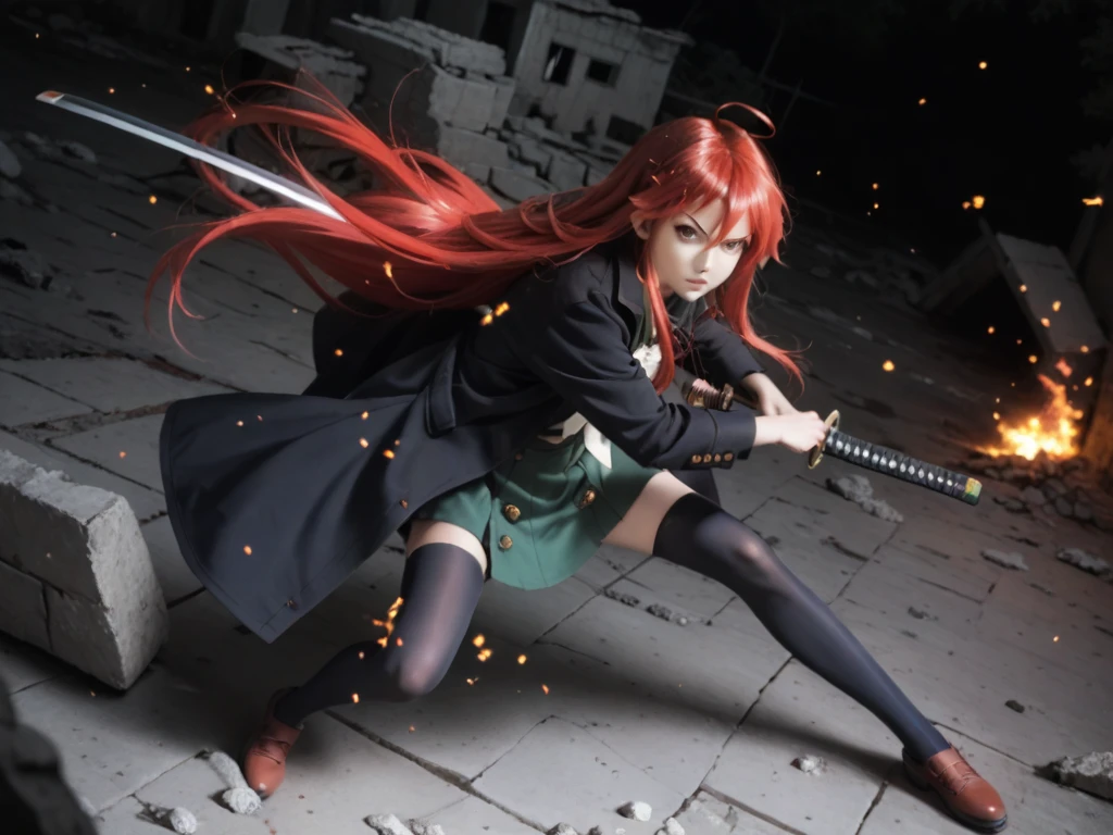 1 girl, cowboy shot, rubble ruins,a little anger, (battle preparation:1.2), open your mouth, (night:1.2), explosive inflammation,shana, red eyes, redhead, very long hair, hair between eyes, (Ahoge:1.1), explosive flame,abandoned building,rubble serafuku, green skirt, Thighhighs,long Japanese sword wrapped in flames..,highest quality, masterpiece, High resolution, black long coat,
shana, red eyes, red hair, very long hair, hair between eyes, ahoge),  score_9, score_8_up, score_7_up, source_anime, Swing a japannse sword with both hands ,(photo realistic:1.4),(realistic skin:1.4),photo realistic,Holding a Japanese sword with both hands,Battoujutsu,Put your hand on the pattern of a
 Japanese sword,A giant Japanese sword with a black handle,Sparks dance in the dark,Burning Sky , a long Japanese sword with black handle,(holding (katana sword:1.2)), (blade shimmering), Late Night,Japanese sword without scabbard,Point the blade upwards,Turn the tip of the cut to your back