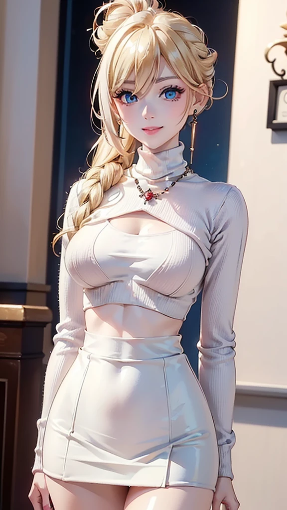 (Masterpiece, Ultra High Definition, Ultra High Quality / 8K Quality), A woman with the most beautiful face and body in history, Anime, Slim body, Tall height, Small face, Very large and full breasts, Thin waist, Big hips, Balanced proportions, Shiny hair, Blonde, (((Updo:1.2))), Beautiful and shining eyes, (Clear blue eyes:1.2), (((Eyes with shining highlights:1.2))), Long eyelashes, Pink lips, ((Precise, beautiful and exquisite hand and finger creation)), (Charming smile), (Winter casual fashion), (Turtleneck sweater), (Long sleeve short jacket), (Tight micro mini skirt, slit skirt), (Elegant appearance), Red rose hair accessory, Elegant design necklace, Big earrings, Bangle, Ring, Beautiful standing posture like a fashion model, Winter shopping mall background
