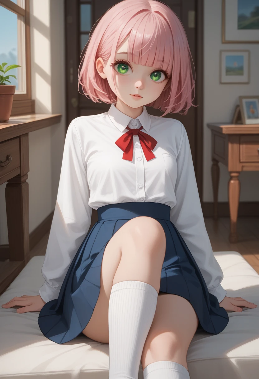 Masterpiece、High definition photo quality、8k、Japanese women、Beautiful mature woman、38 years old、Beige pleated mini skirt、Tight-fitting blouse、White over-the-knee socks、Red cheeks、Big Eyes、Pink Hair、short hair、Shy expression、Flip up your skirt、Showing white panties、Sit with your knees bent