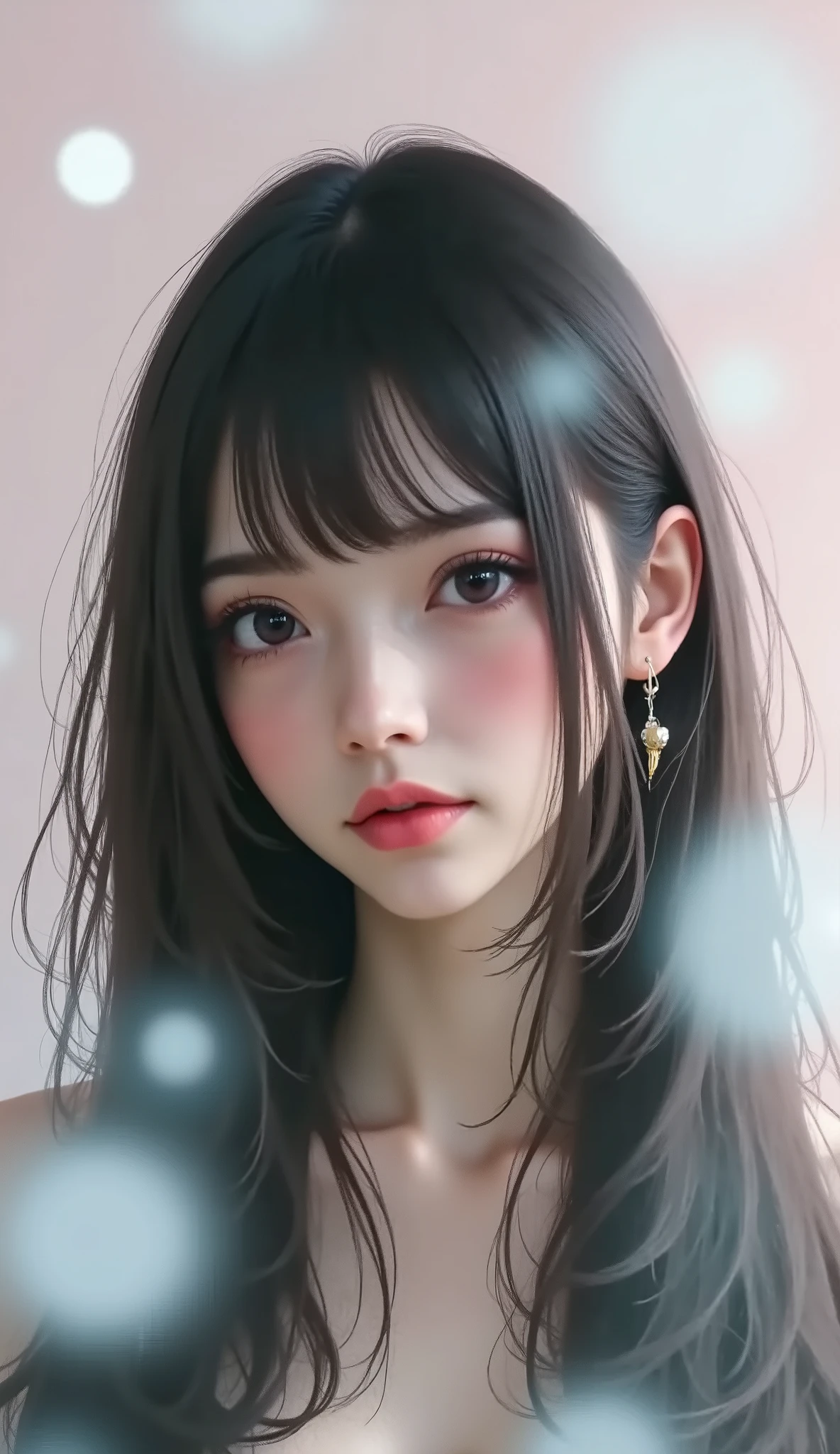 Photographing through frosted glass、Out of focus、 soft focus、Blurry screen、 girl 、 black hair、 straight long hair、 full bangs