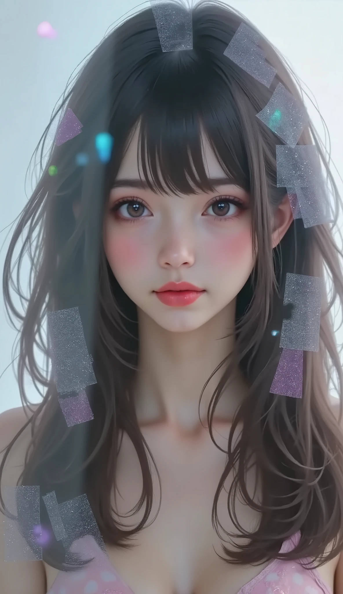 Photographing through frosted glass、Out of focus、 soft focus、Blurry screen、 girl 、 black hair、 straight long hair、 full bangs