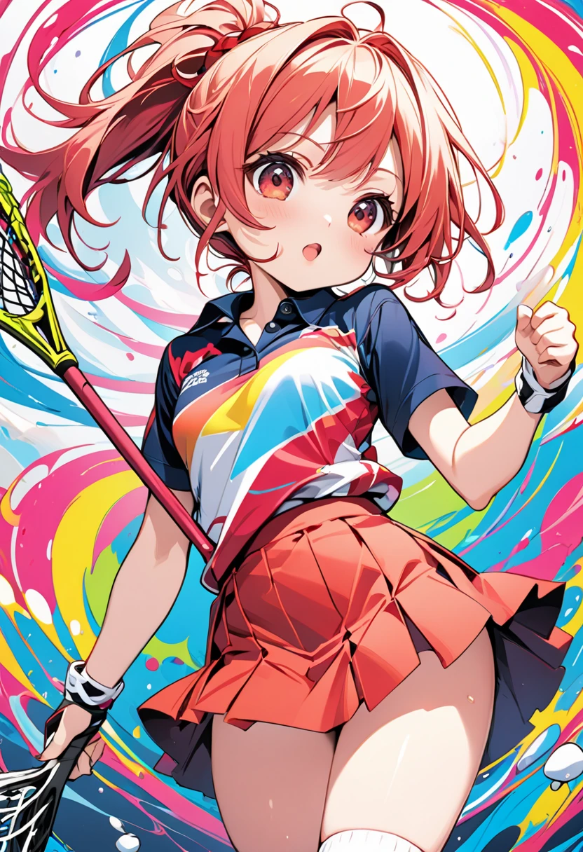 chibi, cute woman, red short ponytail, sexy beauty expression, lewd great body proportion, wearing polo shirt, mini skirt, knee-high socks, lacrosse, Tsutomu Nihei style, Nishio Isin style, colorful pop color art, anime manga illustration, ultra detailed, absolutely resolution, masterpiece
