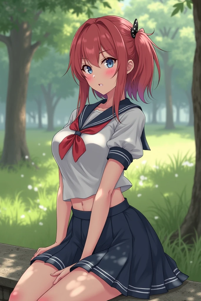 Without skirt、White underwear、In underwear、Panties in full view、White panties、Blue Stripes々Large bra 1, 1girl, asahina mikuru, long hair, kita high , solo, short sleeves, red ribbon, large breasts, cowboy shot, waving, outdoors, leaning forward,Underwear in full view