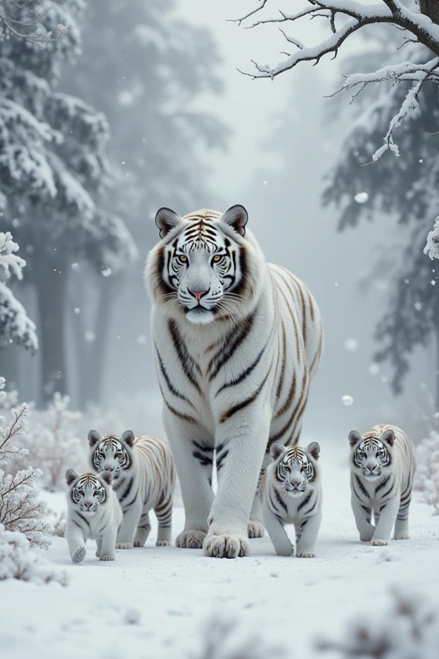 background:  A lush forest where the whole world is covered with white snow .  The branches of the trees are heavily pressed by white snow, and ,  stand still in a quiet, white winter landscape, ,  Ambience .  The snow-covered ground is soft and pure white. .

tiger: The handsome white white tiger, which is ridiculously huge, about the size of a house standing tall in front of it is visibly imposing and has a strong presence.. 그 tiger의 털은 눈처럼 하얗고,  their eyes are sharp but it feels like the snow is falling calmly .  Five little white tigers are following the tiger .

새끼 tiger들: tiger의 주위에 다섯 마리의 작은 새끼 백호들이 따라가고 있습니다. They are cute, , 몸집은 작지만 부모 tiger처럼 자랑스럽고 자신감 있는 자세로 걷고 있습니다.  or the tiger's mother. , 혹은 tiger 어미를 따라 안정감 있게 걸어가는 모습이 귀엽습니다.

 Overall mood :  The trees around , 이 tiger 가족은 평화롭고 신비로운 분위기를 자아냅니다. The sky has a blurry gray color, which is wonderful. . 그 모든 것들이 천천히 움직이는 tiger들의 걸음과 맞물려,  It creates a beautiful scene that can only be seen in dreams .

"Asan Baekho""Please make a poster from the Bean Era "  like this