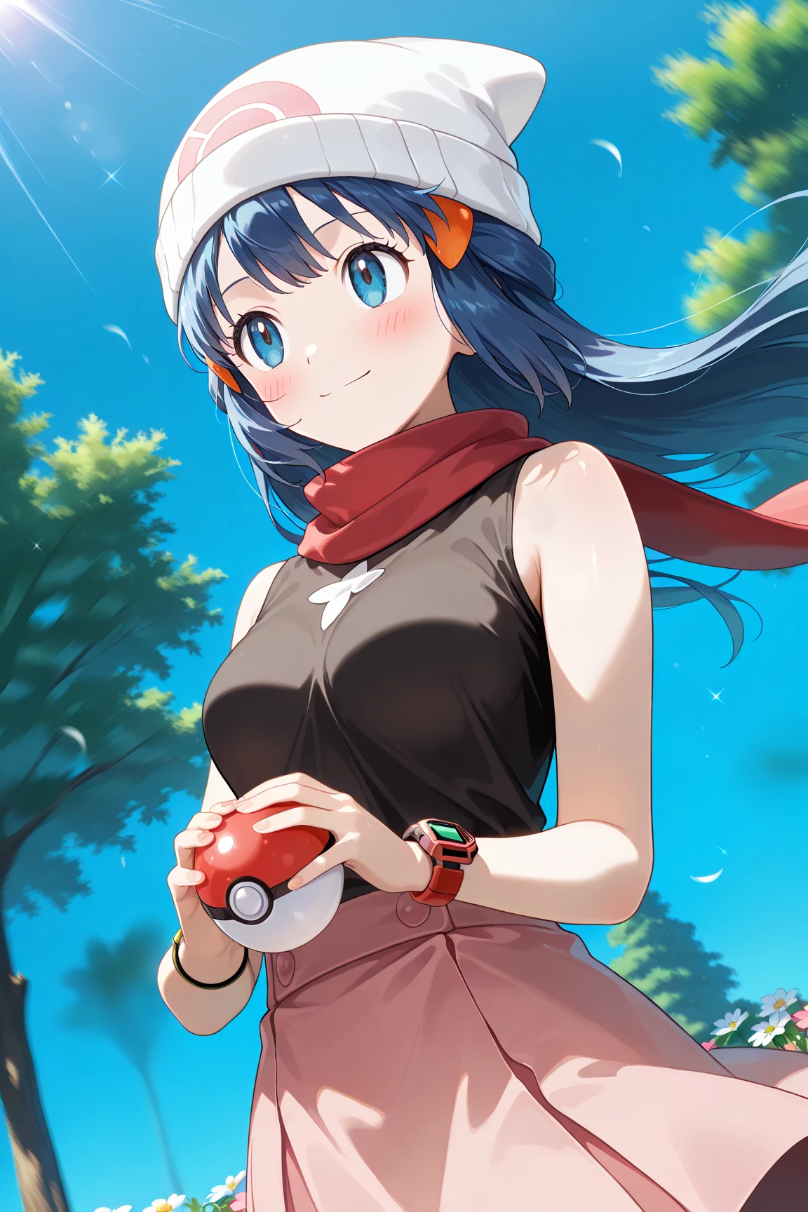 score_9, score_8_up, score_7_up, score_6_up, score_5_up, score_4_up, source_anime, aadawn, long hair, blue hair, beanie, white headwear, hair ornament, blue eyes, breasts, red scarf, sleeveless shirt, black shirt, wristwatch, bracelet, pink skirt, standing, outdoors, filed, flower, tree, holding poke ball, smile,

(realistic skin0.8),
Shiny, skin,

(blush:1.3), smile,
dynamic angle, (close-up:1.5),  (Background Blur:1.4), 
portrait,
flom below,
sunny,
blue sky,
sunlight,
wind,