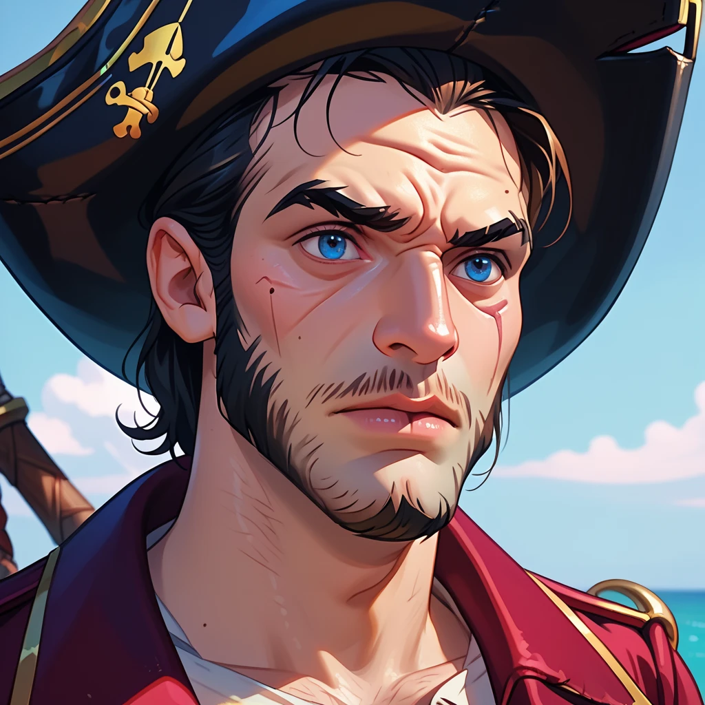 portrait,   cartoon of a pirate,  A man,  PIRATE HAT, Thick black beard , wrinkles, fierce gaze,  blue eyes,  square face ,   close up, detailed,rude
