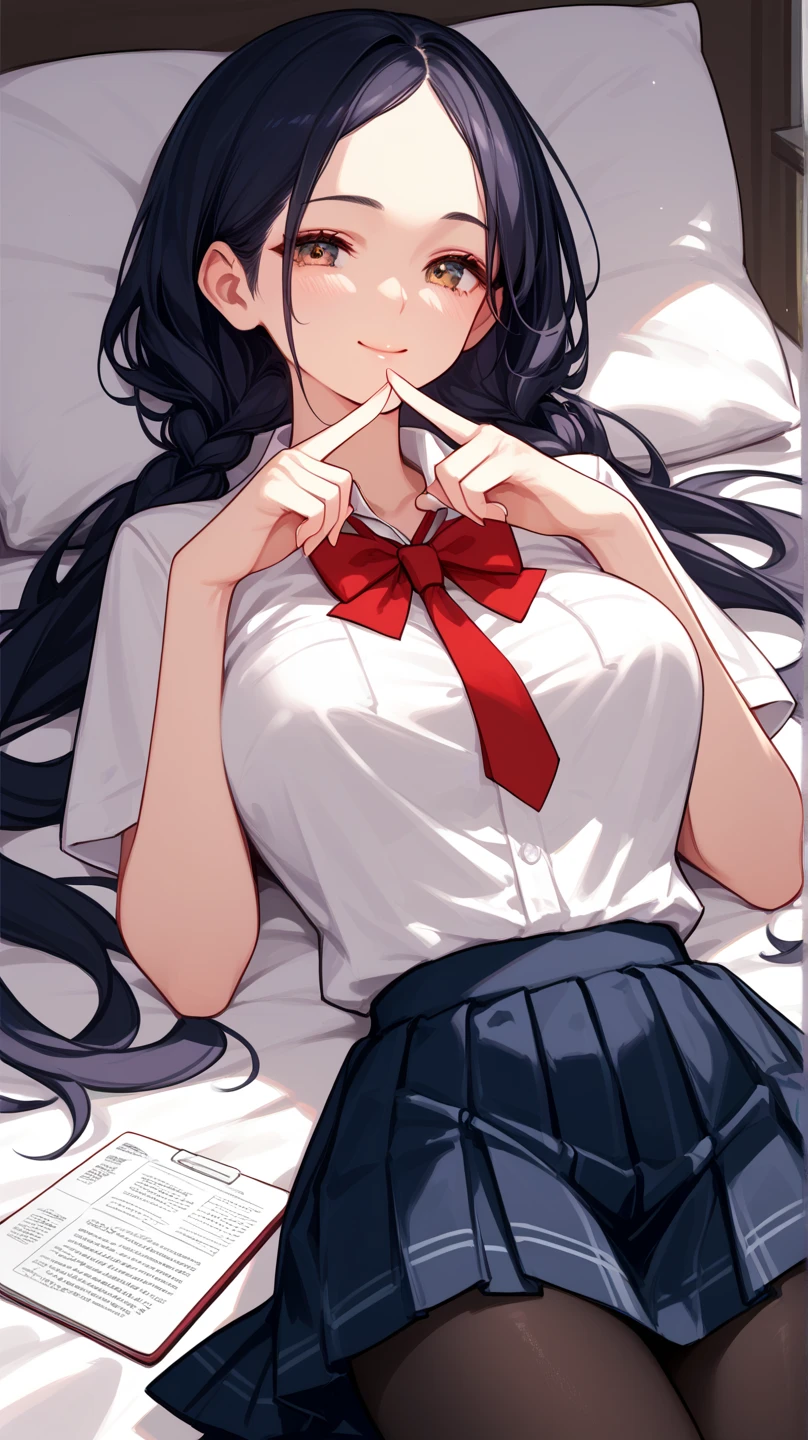 elegant,beautiful face.awesome cute, high quality, nsfw,,exquisite, beautiful,perfect fingers,highres,longhair,slant eyes,（1girl, school uniform1.1 cloted）,big busty, forehead,cowboy shot,170cm, ,bedroom,（seductive face:1.5）, pantyhose,lying,soft smile,