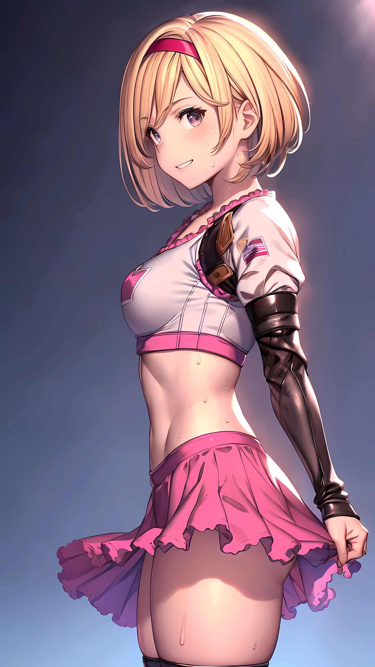 djeeta_(granblue_fantasy), Detailed eyes, (wearing sports wear:1.5, bare thigh, cute hip), Perfect body, (Independent), serious smile, Toned stomach, Ultra HD, Detailed eyes, Detailed face, cowboy shot, looking down at viewer, (from side:2), sweaty, slim long legs, twisting the waist, depth of field, Crowd Circle View, professional wrestling ring, spectator seats,