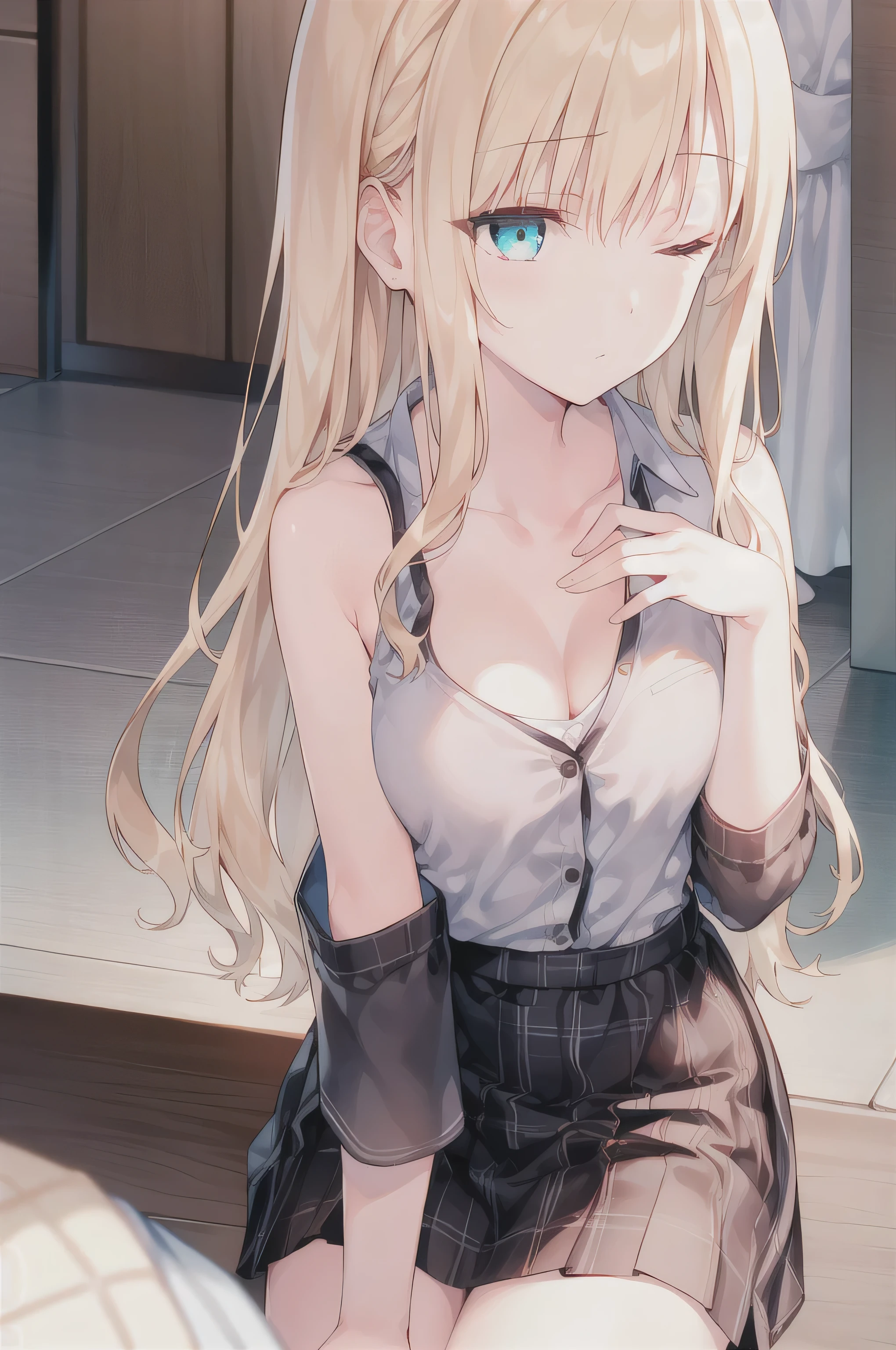 There was only one girl ,blond, long hair,( Purple Eyes :1.5), (Medium Chest:1.2),
rest,mini skirt , white dress , white shirt , Seto Fuku,Low-cut,Cardigan, with eyes closed ,black,cleavage rest , While looking at the audience ,nipple,Chest, Undress , brightly colored underwear , nipple bulge ,
rest indoors, class ( masterpiece:1.2), is the best quality , high resolution on the bench, Unity 8K Wallpaper , (illustration:0.8), ( beautiful and detailed eyes :1.6), The details on the face are exquisite, Perfect lighting , Extremely Detailed CG , (perfect hands, perfect anatomical structure ),