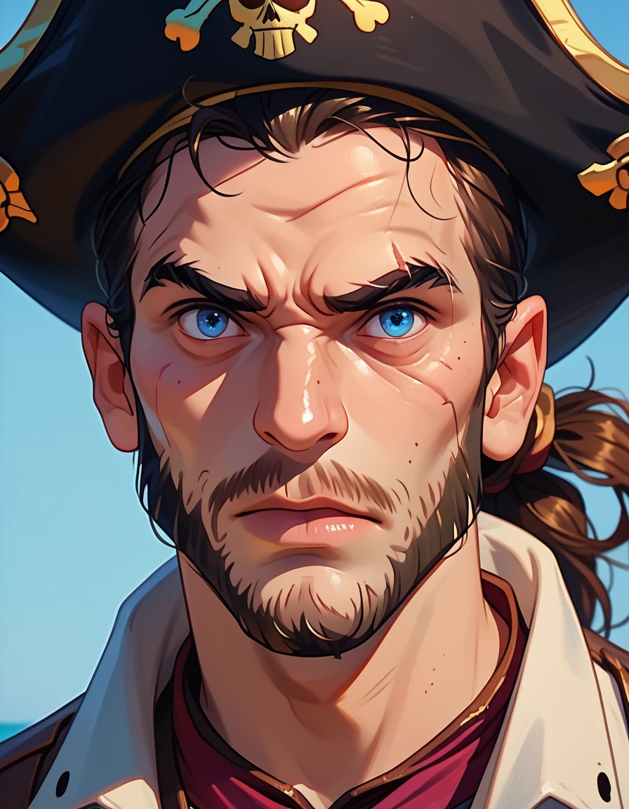 portrait,   cartoon of a pirate,  A man,  PIRATE HAT, thick black beard, wrinkles, fierce gaze,  blue eyes,  square face ,   close up, detailed,rude
