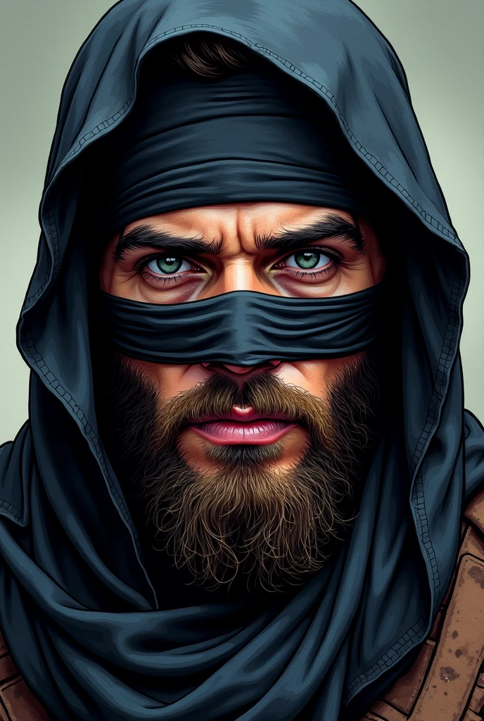 Young man with a beard and a black cloth bandage that covers his eyes and nose, like a headscarf in comic style