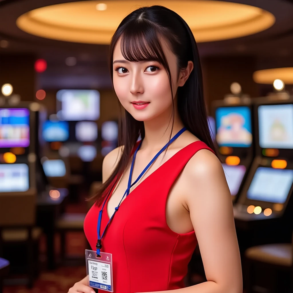 Highest quality, Masterpiece, ultra high definition, (realistic: 1.4), raw image, 1 woman, dark hair, shiny skin, incredible light, full body,, red dress, big (random background,In casinos,VIP casino room, Modern Casino Console, Modern Slot Machines )