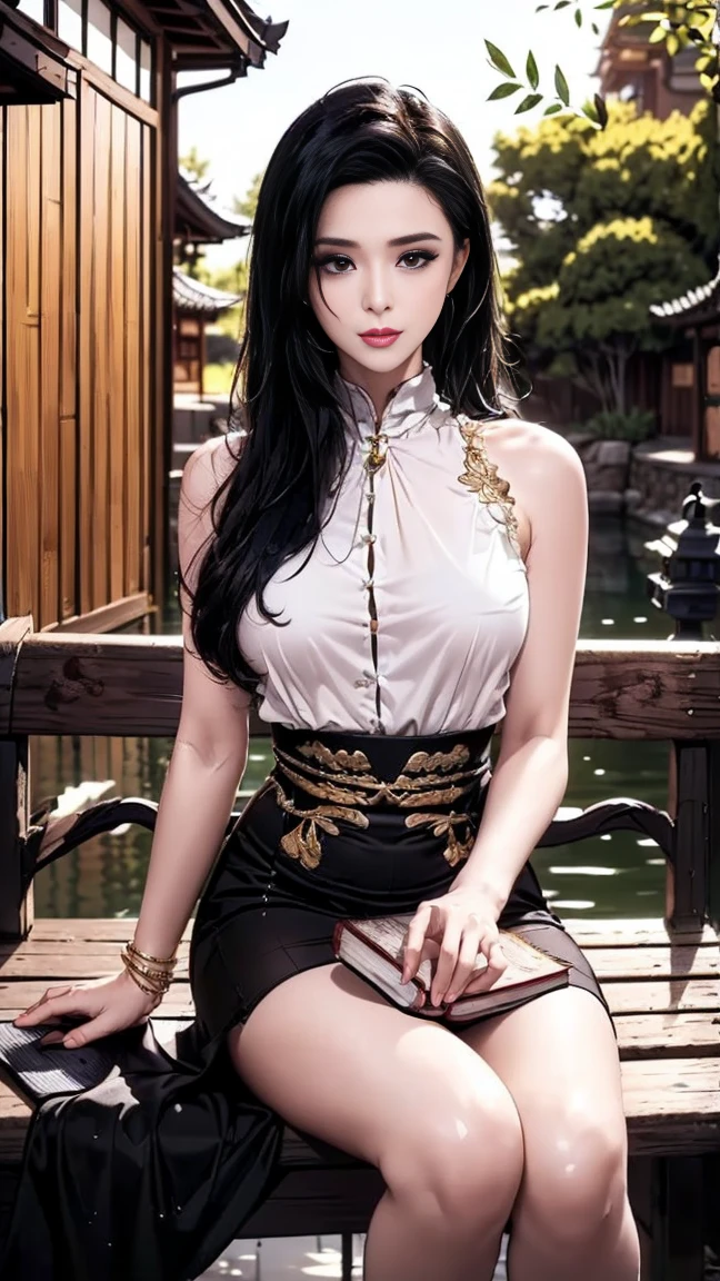 1girl, beautiful detailed eyes, beautiful detailed lips, extremely detailed face and features, long eyelashes, seductive gaze, delicate facial features, porcelain skin, slender figure, elegant cheongsam dress, flowing long black hair, intricate embroidery, traditional oriental landscape, tranquil lake, lush bamboo forest, golden sunset, dramatic lighting, cinematic composition, highly detailed, photorealistic, masterpiece