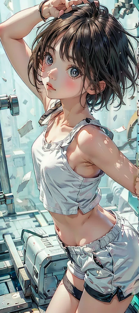 Adorable Girl . Very Kawaii , Round Face . Solo , Slim , Medium Breasts , Short Stature . Glossy Skin . Plain White T-shirt . Booty Shorts . Dynamic Pose . Dynamic Angle . No Background , White Background , looking at viewer