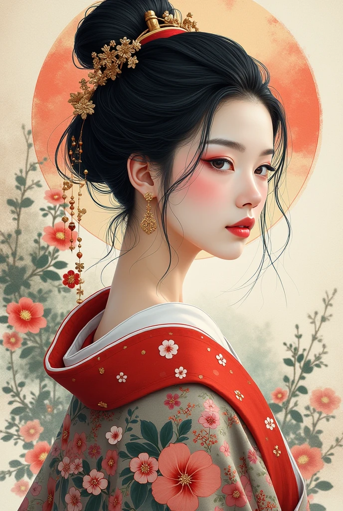  beautiful Japanese woman、A fusion of ink painting and vivid watercolor、masterpiece、 best quality、