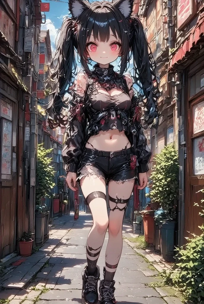 masterpiece, solo, girl\(cute, kawaii, *********,evil smile,black hair,long hair,twin tails hair,pale skin, skin color blue, red eyes, eyes shining,big eyes,breast,punk fashion,ripped clothes,tight tube top,tight hot pants,stomach shown,ripped black short jacket,fluffy black cat-ear,dynamic pose,spiral eyes,bang\),detailed illustration, long eyelashes, best quality, sunny ,dramatic portrait, country road, narure, bright image,cinematic lighting, bokeh , blurry background, backlit, film camera effect, kawaii anime, intricate artwork, beautiful composition, lens flare, realistic anime background, hdr, 16k, ultra aesthetic illustration,
