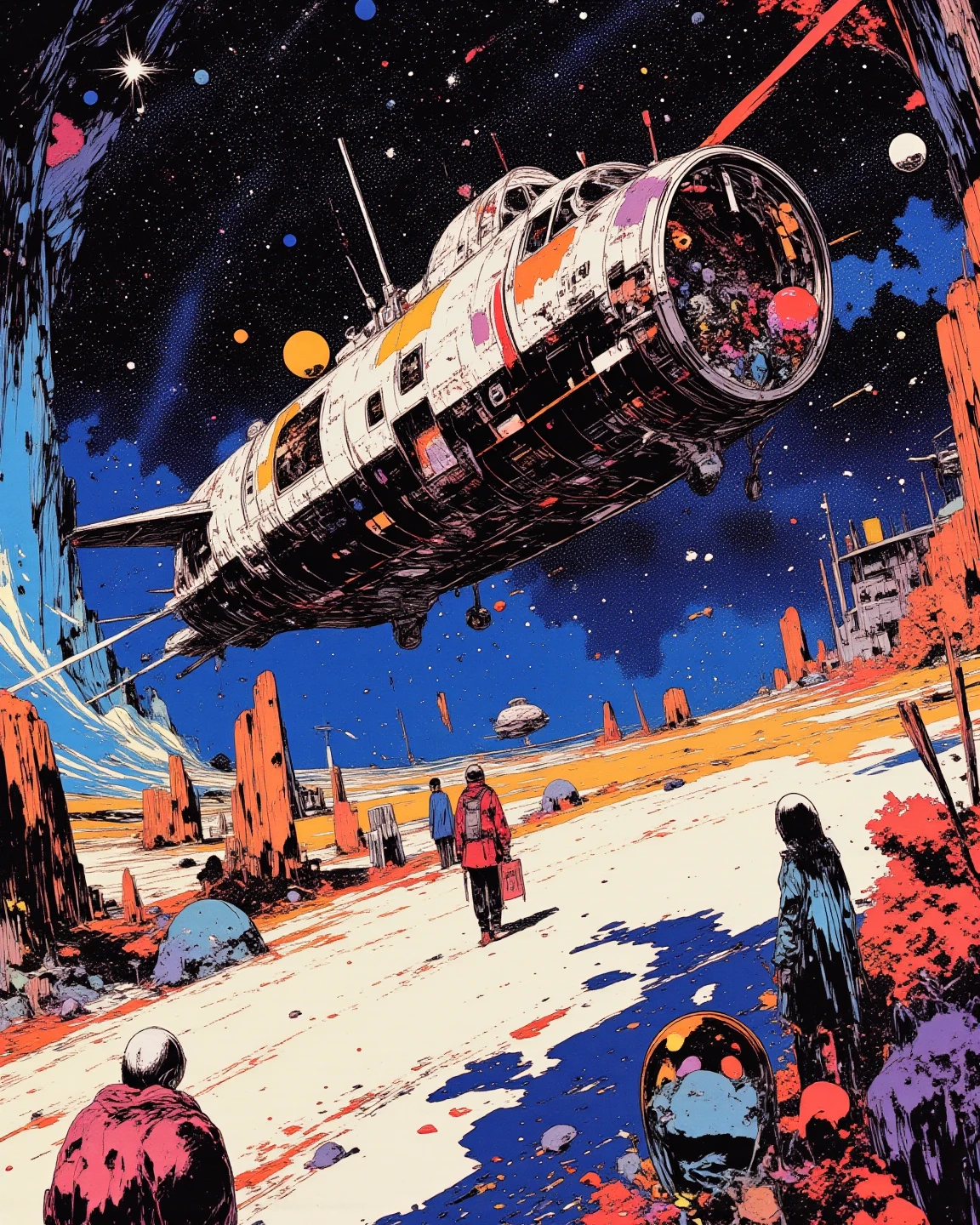 Space colony flying over a planet with universe, sci - fi art, Fascinating colorful universe, Shining shooting star, 
in style by Josan Gonzales, ink splashes, Iridescent Ink Flow In universe, by Peter Elson, in peter elson color scheme, roger dean art, in style by tim white art.  
Comic book style, ff-fbs