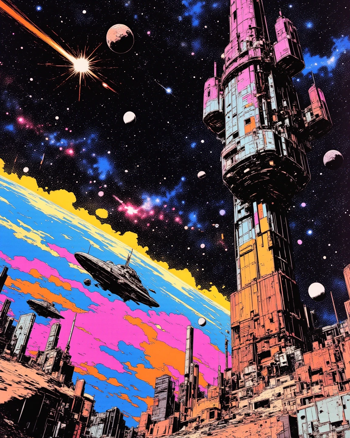 Space colony flying over a planet with universe, sci - fi art, Fascinating colorful universe, Shining shooting star, 
in style by Josan Gonzales, ink splashes, Iridescent Ink Flow In universe, by Peter Elson, in peter elson color scheme, roger dean art, in style by tim white art.  
Comic book style, ff-fbs