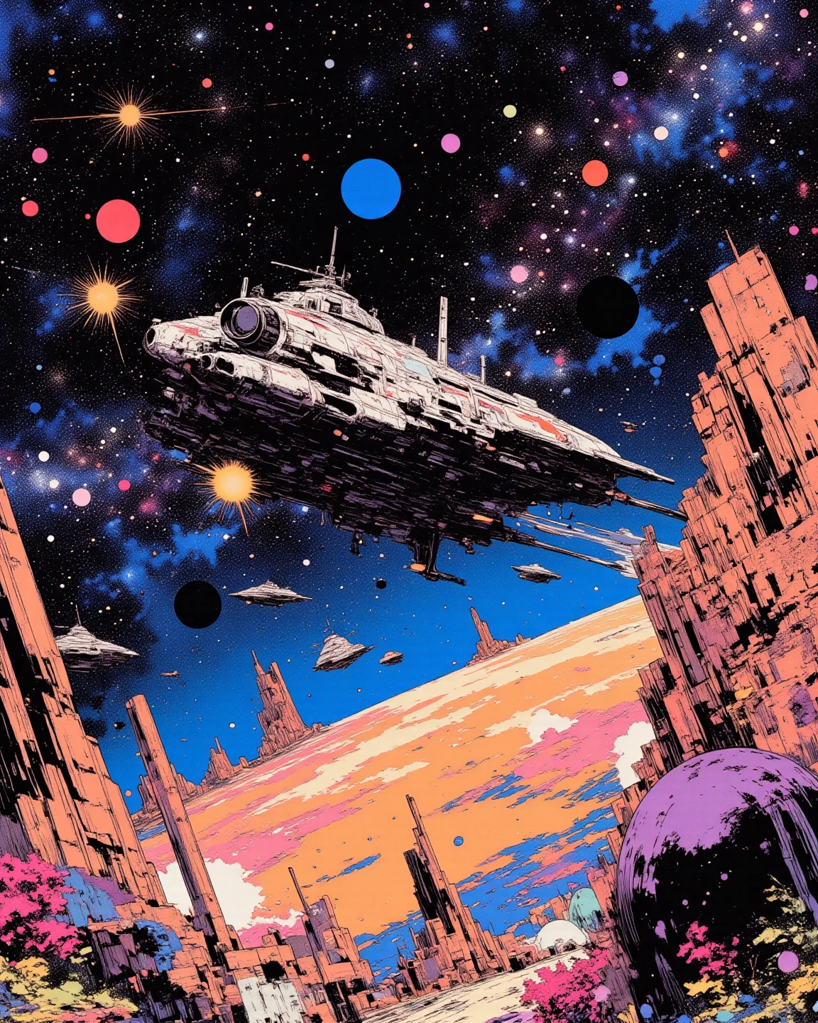 Space colony flying over a planet with universe, sci - fi art, Fascinating colorful universe, Shining shooting star, 
in style by Josan Gonzales, ink splashes, Iridescent Ink Flow In universe, by Peter Elson, in peter elson color scheme, roger dean art, in style by tim white art.  
Comic book style, ff-fbs