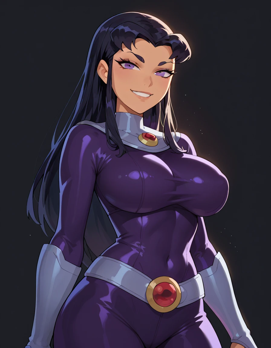 BlackFire (Teen Titans), 1girl, solo, long hair,purple eyes, black hair, bodysuit, (huge juicy breasts:1.2),belt,simple background,looking at viewer,evil smile,Whole body, 